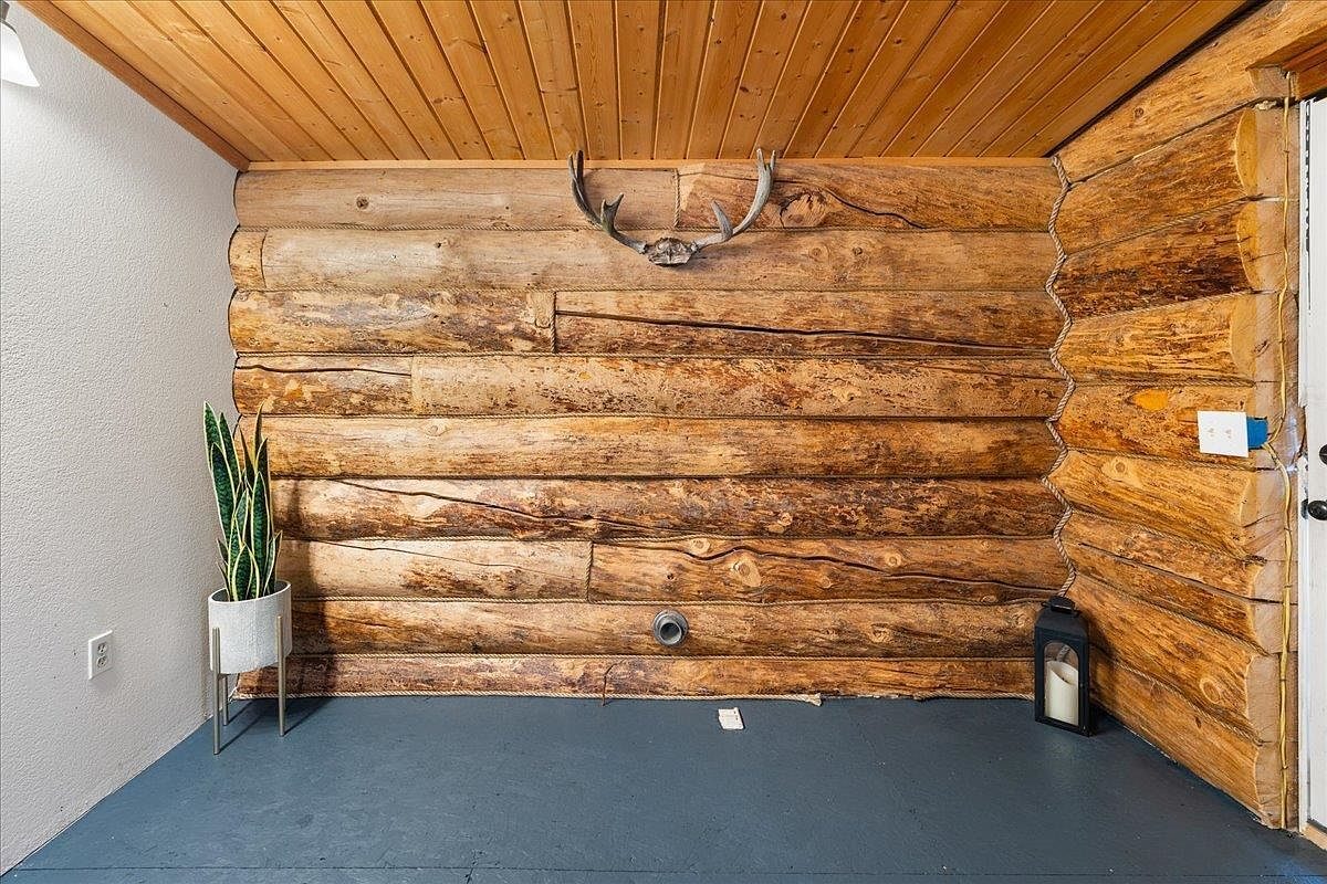 Antlers mounted high on a log wall inside the cabin, below a tongue-and-groove wood ceiling.