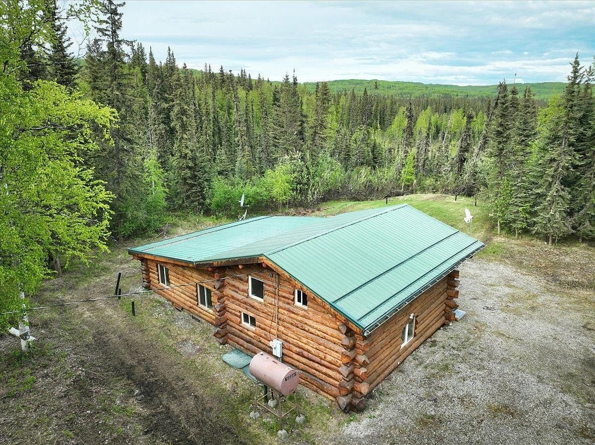 The log cabin from above, showing its green metal roof and the forest behind it.
