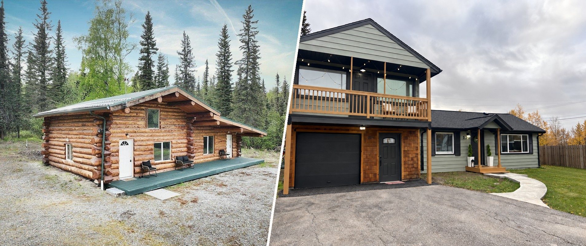 Split image: the log cabin off Farmers Loop on the left, and the renovated Rosella duplex in Fairbanks on the right.